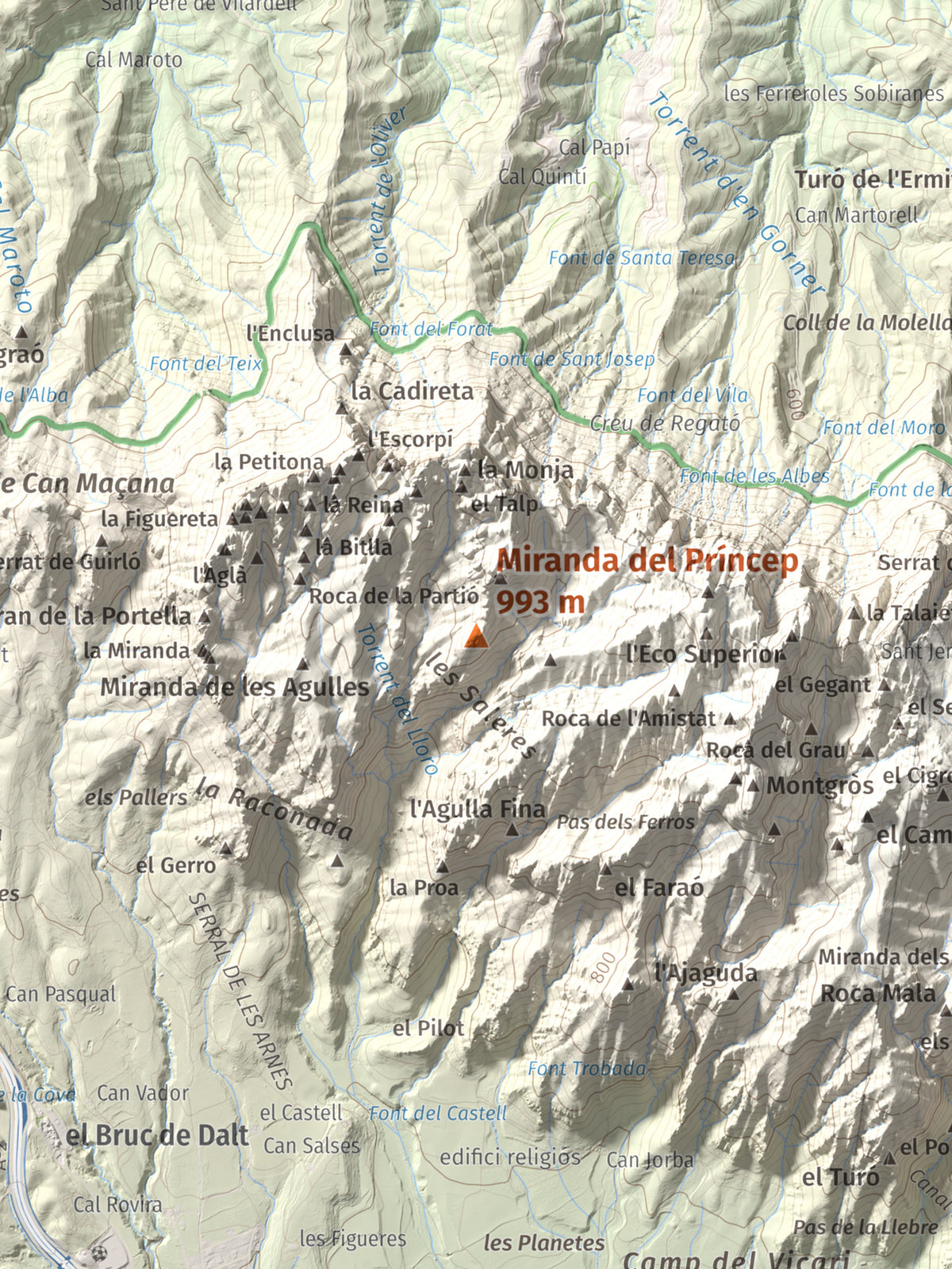 Mapa de relieve de Miranda del Príncep, 993 m, Anoia, lámina 100 Cims de Trobart. Detalle de la zona central. 30 × 40 cm.