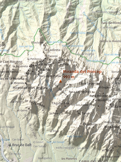 Mapa de relieve de Miranda del Príncep, 993 m, Anoia, lámina 100 Cims de Trobart. Detalle de la zona central. 30 × 40 cm.