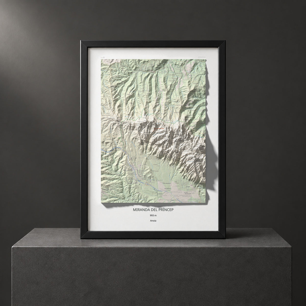 Mapa de relieve de Miranda del Príncep, 993 m, Anoia, lámina 100 Cims de Trobart. Presentación enmarcada. 50 × 70 cm.