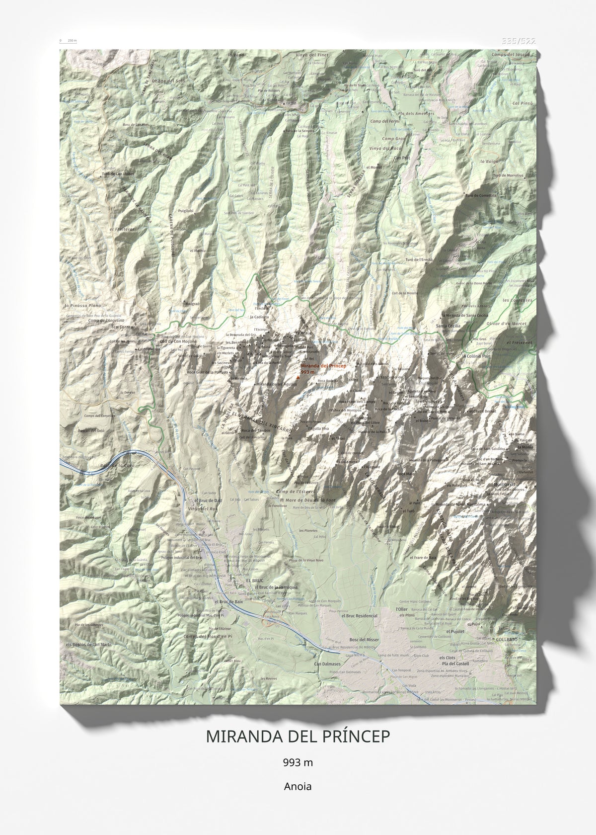 Mapa de relieve de Miranda del Príncep, 993 m, Anoia, lámina 100 Cims de Trobart 50 × 70 cm.