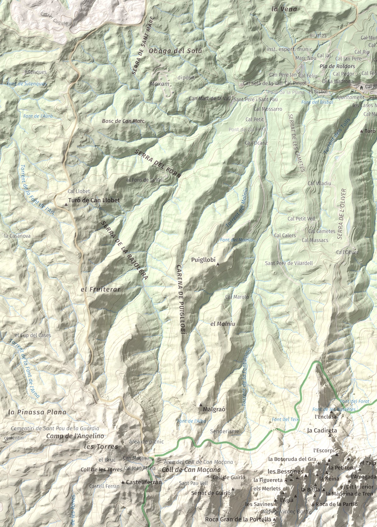 Mapa de relieve de Miranda del Príncep, 993 m, Anoia, lámina 100 Cims de Trobart. Detalle de la zona superior izquierda. 50 × 70 cm.