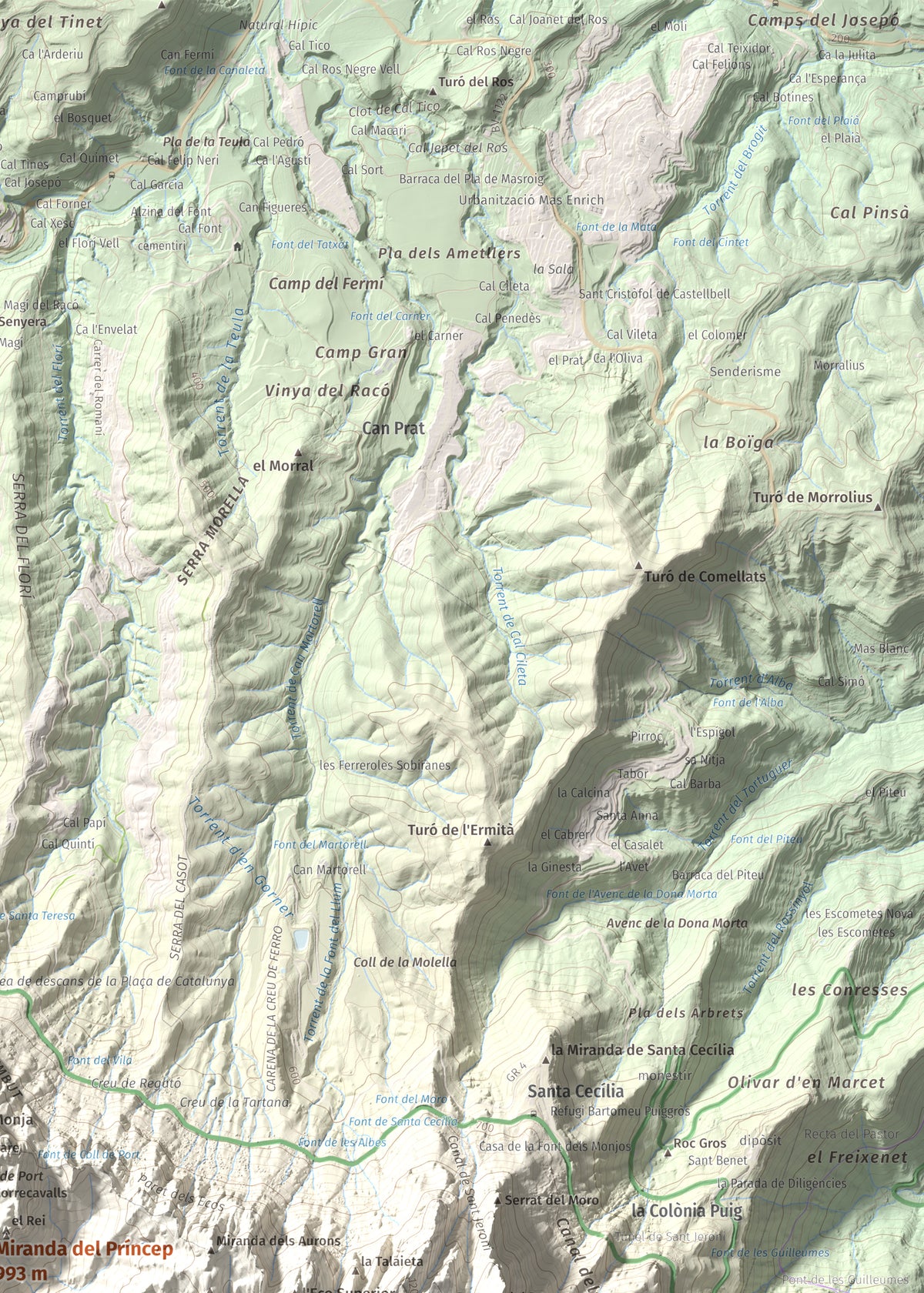 Mapa de relieve de Miranda del Príncep, 993 m, Anoia, lámina 100 Cims de Trobart. Detalle de la zona superior derecha. 50 × 70 cm.