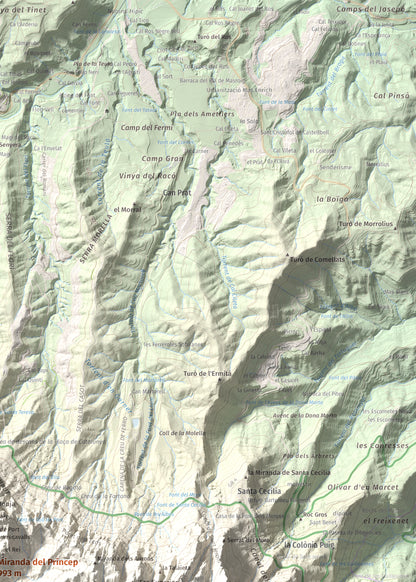 Mapa de relieve de Miranda del Príncep, 993 m, Anoia, lámina 100 Cims de Trobart. Detalle de la zona superior derecha. 50 × 70 cm.