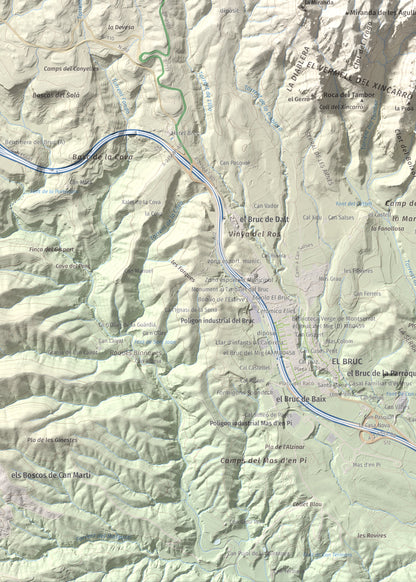 Mapa de relieve de Miranda del Príncep, 993 m, Anoia, lámina 100 Cims de Trobart. Detalle de la zona inferior izquierda. 50 × 70 cm.