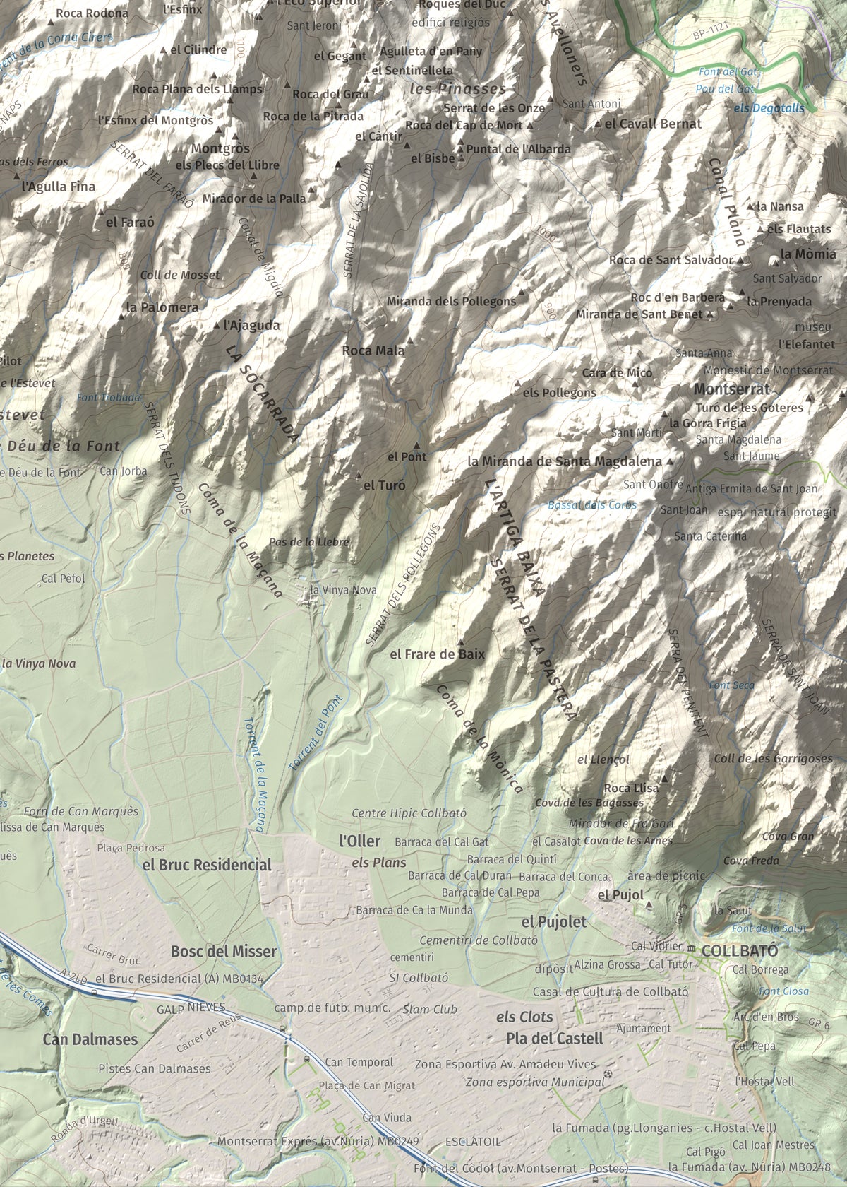 Mapa de relieve de Miranda del Príncep, 993 m, Anoia, lámina 100 Cims de Trobart. Detalle de la zona inferior derecha. 50 × 70 cm.