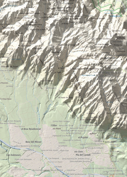 Mapa de relieve de Miranda del Príncep, 993 m, Anoia, lámina 100 Cims de Trobart. Detalle de la zona inferior derecha. 50 × 70 cm.
