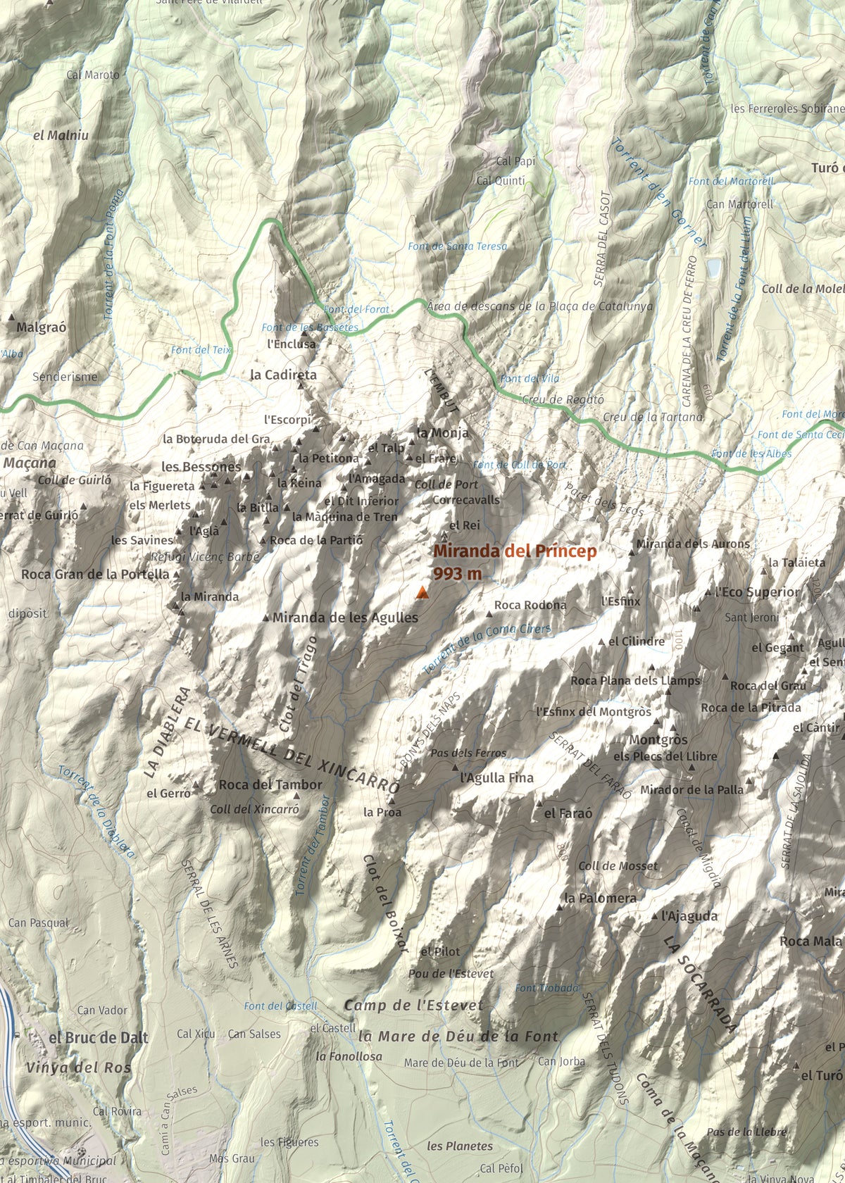 Mapa de relieve de Miranda del Príncep, 993 m, Anoia, lámina 100 Cims de Trobart. Detalle de la zona central. 50 × 70 cm.