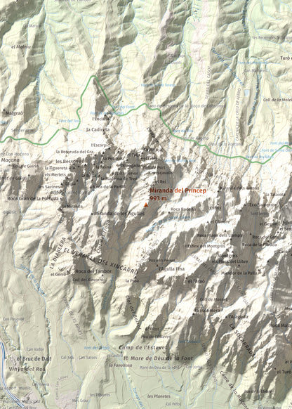 Mapa de relieve de Miranda del Príncep, 993 m, Anoia, lámina 100 Cims de Trobart. Detalle de la zona central. 50 × 70 cm.