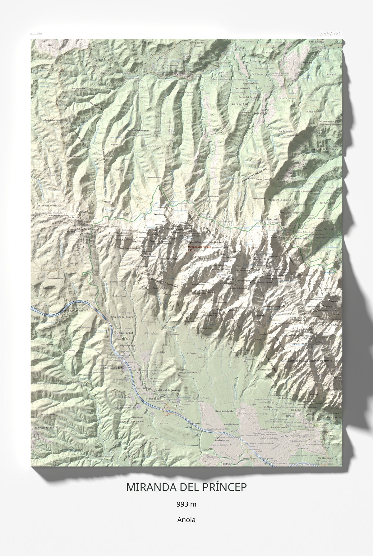 Mapa de relieve de Miranda del Príncep, 993 m, Anoia, lámina 100 Cims de Trobart 61 × 91 cm.