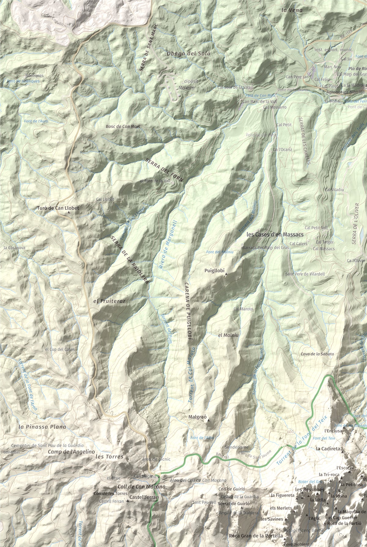 Mapa de relieve de Miranda del Príncep, 993 m, Anoia, lámina 100 Cims de Trobart. Detalle de la zona superior izquierda. 61 × 91 cm.