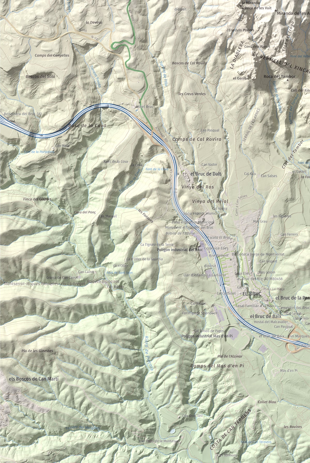 Mapa de relieve de Miranda del Príncep, 993 m, Anoia, lámina 100 Cims de Trobart. Detalle de la zona inferior izquierda. 61 × 91 cm.