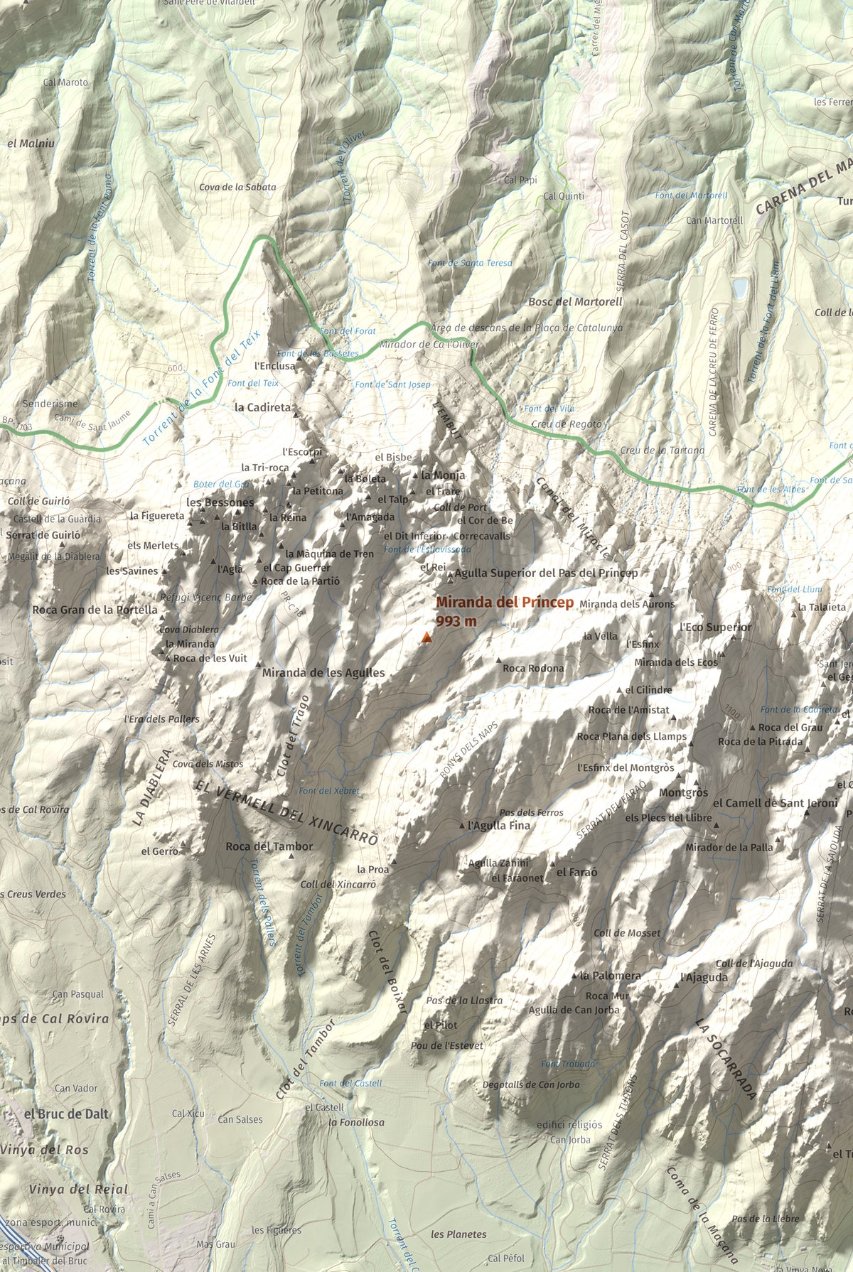 Mapa de relieve de Miranda del Príncep, 993 m, Anoia, lámina 100 Cims de Trobart. Detalle de la zona central. 61 × 91 cm.