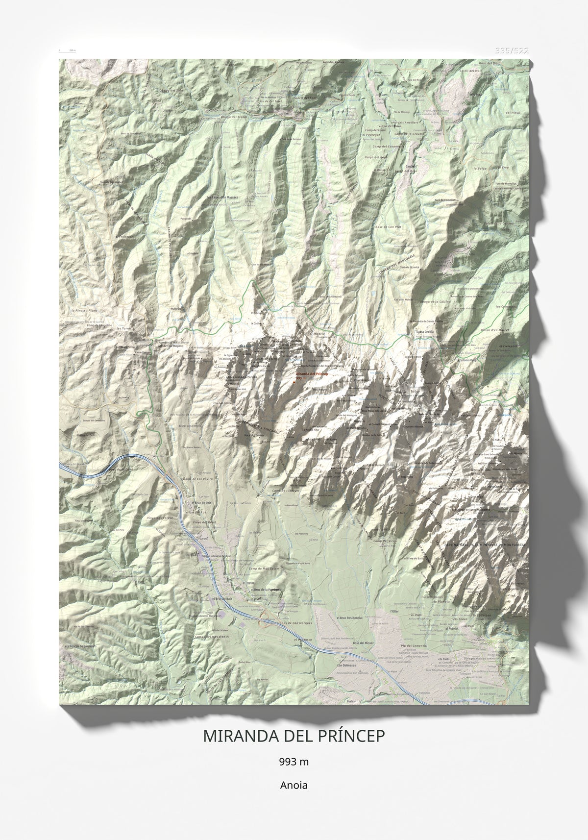 Mapa de relieve de Miranda del Príncep, 993 m, Anoia, lámina 100 Cims de Trobart 70 × 100 cm.