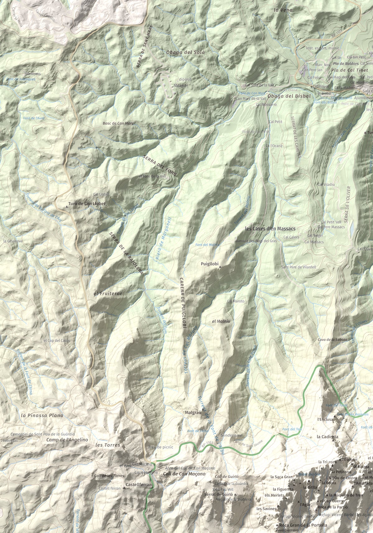 Mapa de relieve de Miranda del Príncep, 993 m, Anoia, lámina 100 Cims de Trobart. Detalle de la zona superior izquierda. 70 × 100 cm.