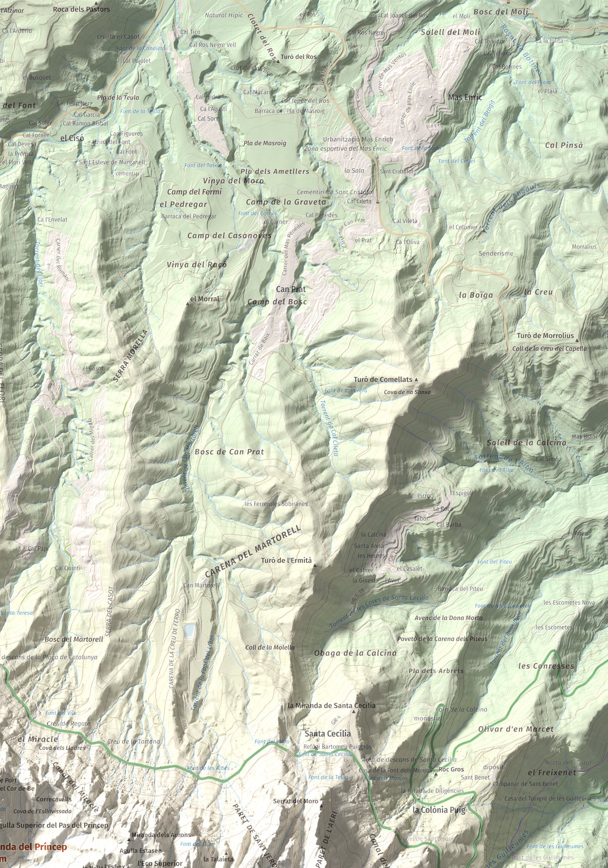Mapa de relieve de Miranda del Príncep, 993 m, Anoia, lámina 100 Cims de Trobart. Detalle de la zona superior derecha. 70 × 100 cm.