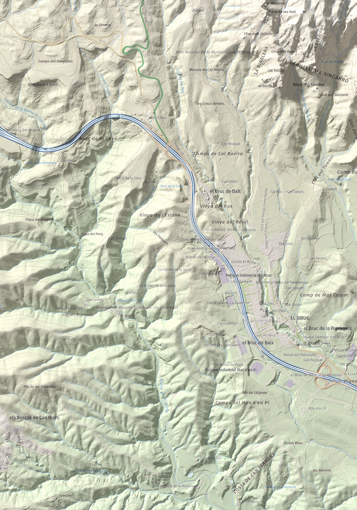 Mapa de relieve de Miranda del Príncep, 993 m, Anoia, lámina 100 Cims de Trobart. Detalle de la zona inferior izquierda. 70 × 100 cm.