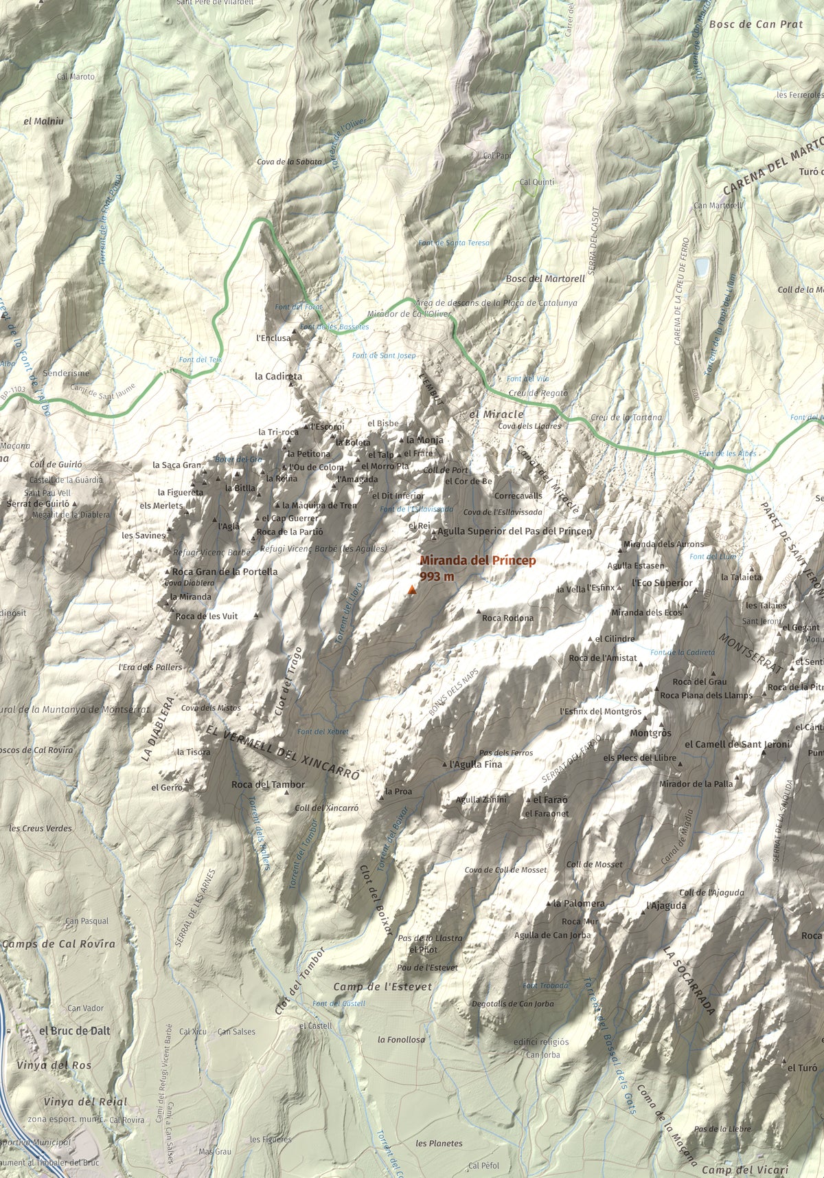 Mapa de relieve de Miranda del Príncep, 993 m, Anoia, lámina 100 Cims de Trobart. Detalle de la zona central. 70 × 100 cm.