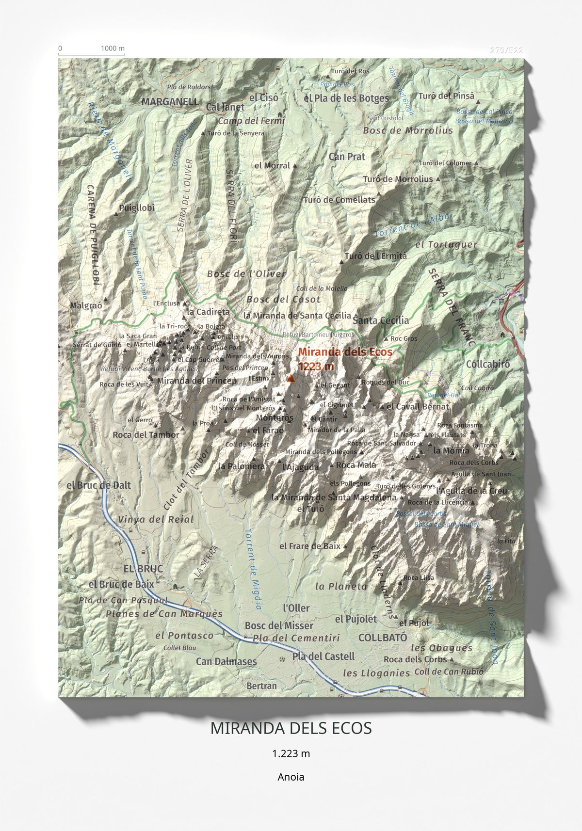 Mapa de relieve de Miranda dels Ecos, 1223 m, Anoia, lámina 100 Cims de Trobart 21 × 30 cm.