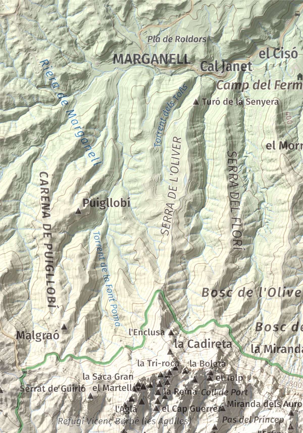 Mapa de relieve de Miranda dels Ecos, 1223 m, Anoia, lámina 100 Cims de Trobart. Detalle de la zona superior izquierda. 21 × 30 cm.