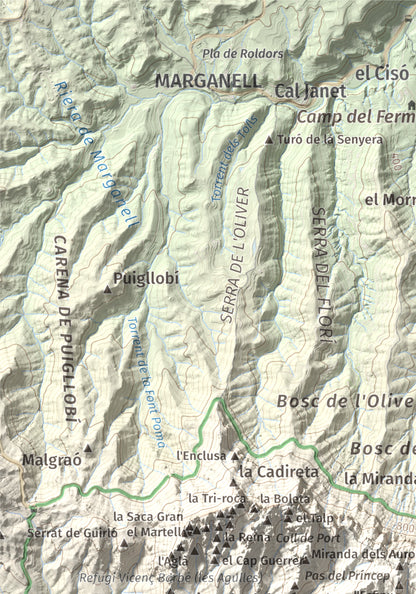 Mapa de relieve de Miranda dels Ecos, 1223 m, Anoia, lámina 100 Cims de Trobart. Detalle de la zona superior izquierda. 21 × 30 cm.