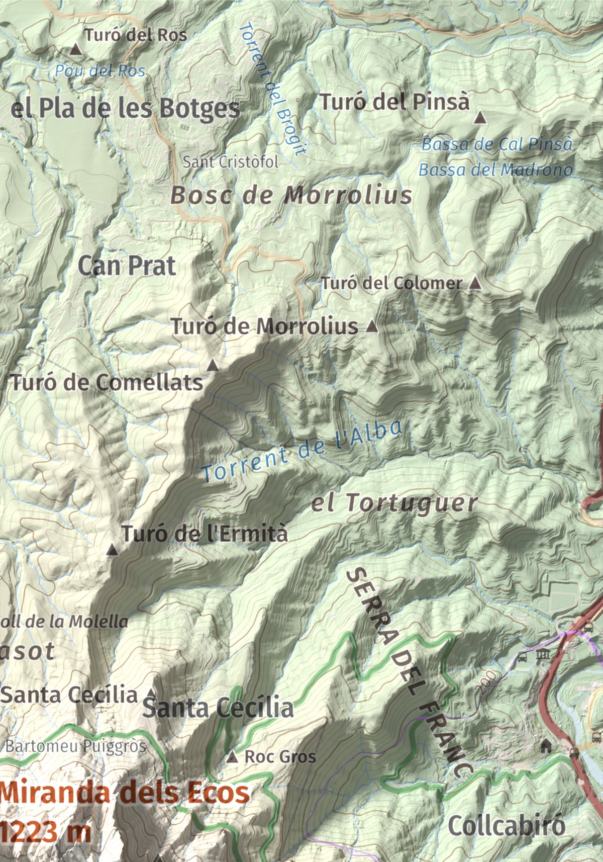 Mapa de relieve de Miranda dels Ecos, 1223 m, Anoia, lámina 100 Cims de Trobart. Detalle de la zona superior derecha. 21 × 30 cm.
