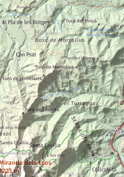 Mapa de relieve de Miranda dels Ecos, 1223 m, Anoia, lámina 100 Cims de Trobart. Detalle de la zona superior derecha. 21 × 30 cm.