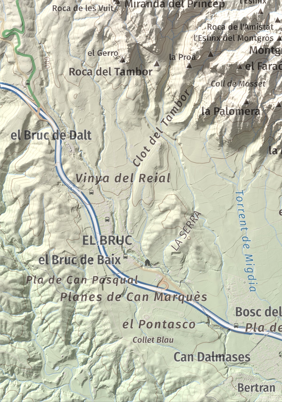 Mapa de relieve de Miranda dels Ecos, 1223 m, Anoia, lámina 100 Cims de Trobart. Detalle de la zona inferior izquierda. 21 × 30 cm.