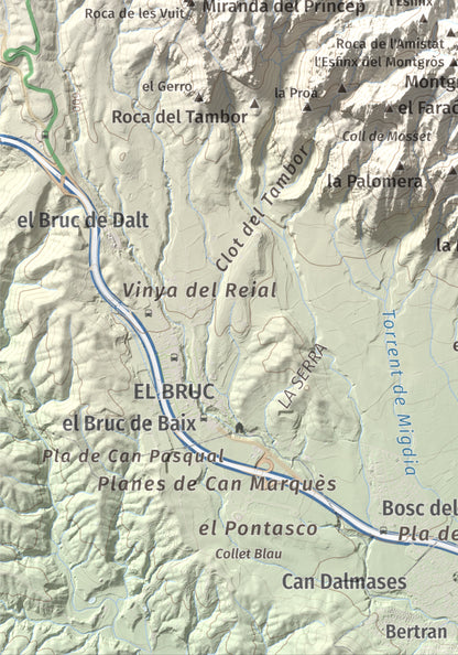 Mapa de relieve de Miranda dels Ecos, 1223 m, Anoia, lámina 100 Cims de Trobart. Detalle de la zona inferior izquierda. 21 × 30 cm.