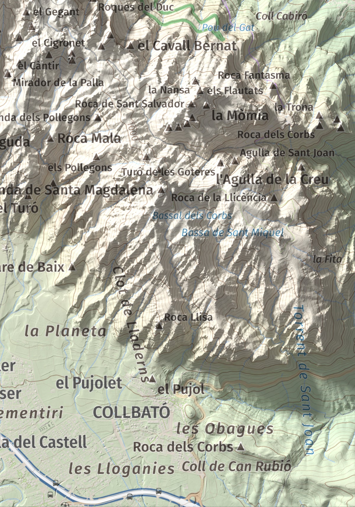 Mapa de relieve de Miranda dels Ecos, 1223 m, Anoia, lámina 100 Cims de Trobart. Detalle de la zona inferior derecha. 21 × 30 cm.