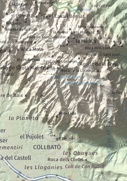 Mapa de relieve de Miranda dels Ecos, 1223 m, Anoia, lámina 100 Cims de Trobart. Detalle de la zona inferior derecha. 21 × 30 cm.