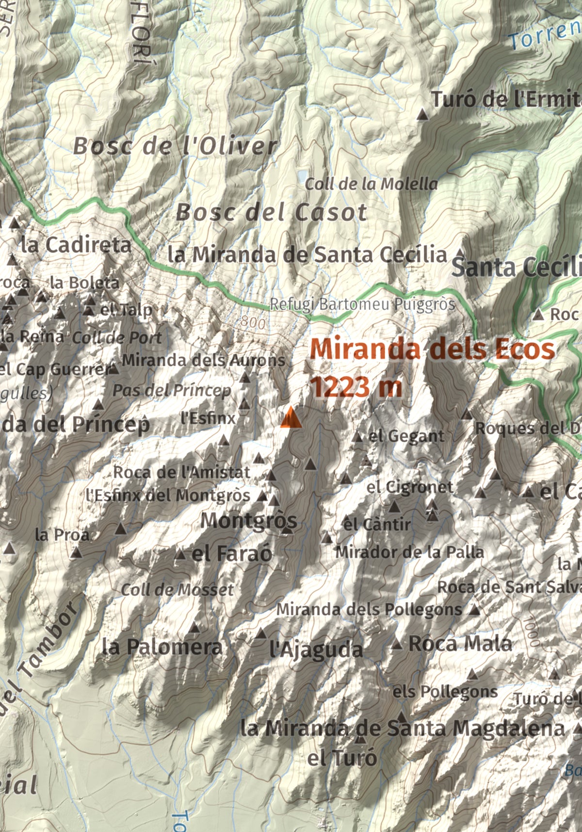 Mapa de relieve de Miranda dels Ecos, 1223 m, Anoia, lámina 100 Cims de Trobart. Detalle de la zona central. 21 × 30 cm.