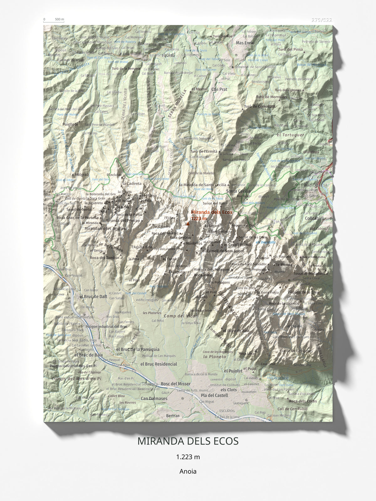 Mapa de relieve de Miranda dels Ecos, 1223 m, Anoia, lámina 100 Cims de Trobart 30 × 40 cm.