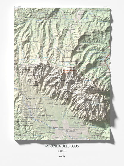 Mapa de relieve de Miranda dels Ecos, 1223 m, Anoia, lámina 100 Cims de Trobart 30 × 40 cm.
