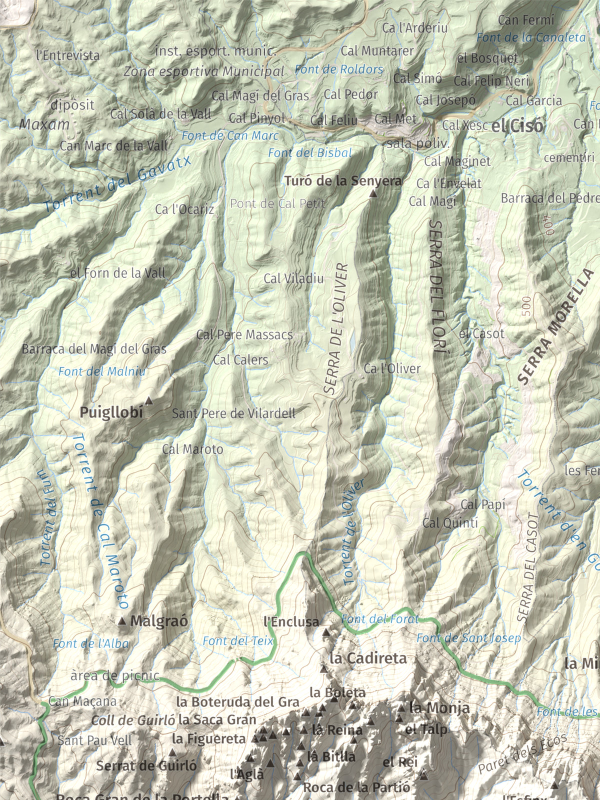 Mapa de relieve de Miranda dels Ecos, 1223 m, Anoia, lámina 100 Cims de Trobart. Detalle de la zona superior izquierda. 30 × 40 cm.