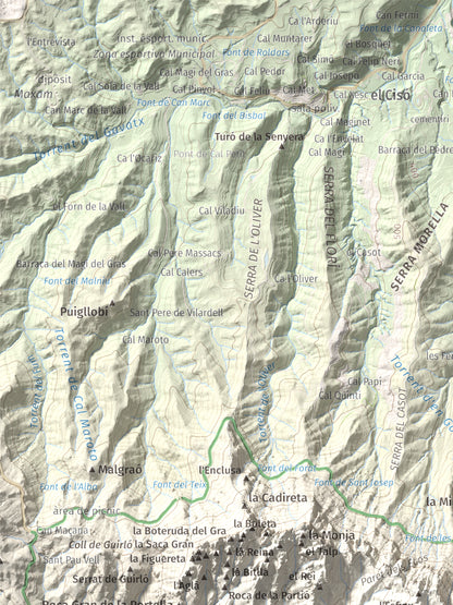 Mapa de relieve de Miranda dels Ecos, 1223 m, Anoia, lámina 100 Cims de Trobart. Detalle de la zona superior izquierda. 30 × 40 cm.