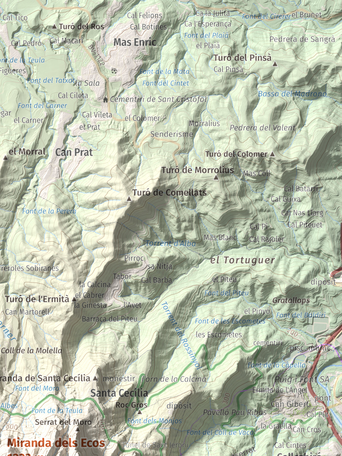Mapa de relieve de Miranda dels Ecos, 1223 m, Anoia, lámina 100 Cims de Trobart. Detalle de la zona superior derecha. 30 × 40 cm.