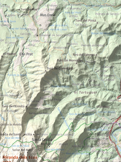 Mapa de relieve de Miranda dels Ecos, 1223 m, Anoia, lámina 100 Cims de Trobart. Detalle de la zona superior derecha. 30 × 40 cm.