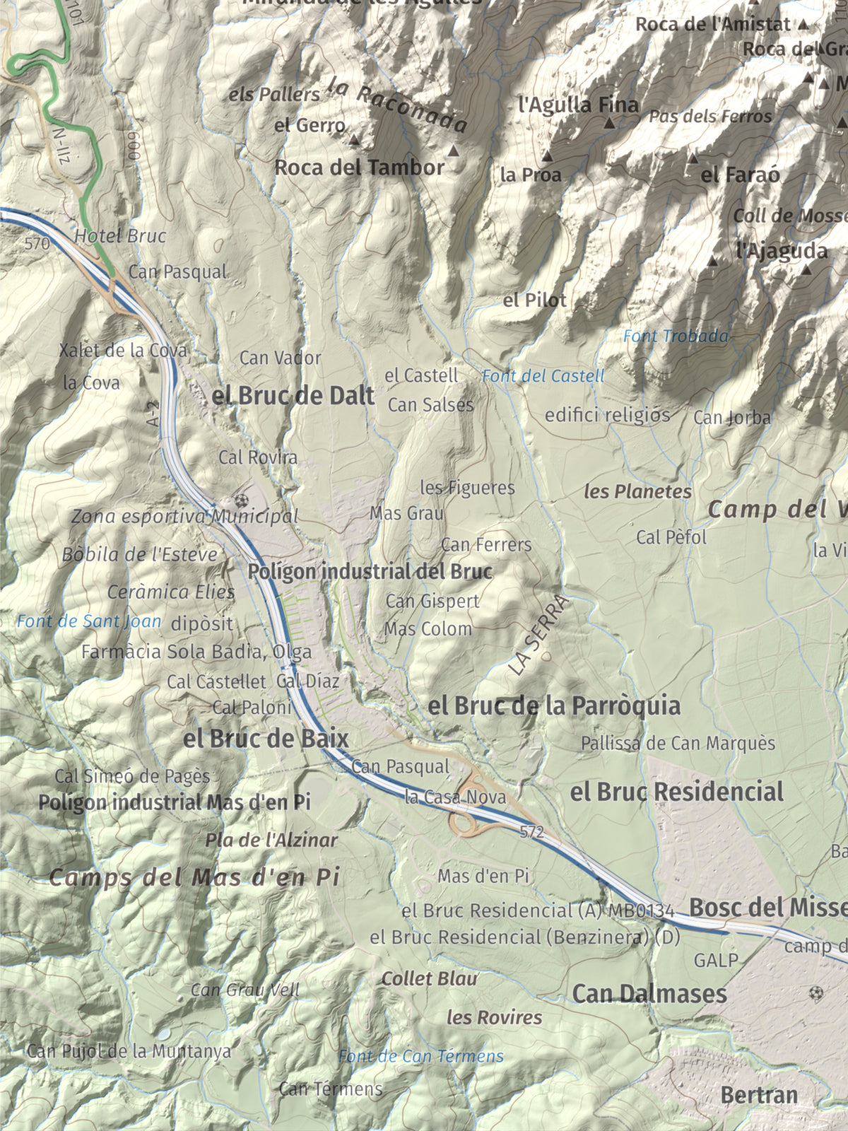 Mapa de relieve de Miranda dels Ecos, 1223 m, Anoia, lámina 100 Cims de Trobart. Detalle de la zona inferior izquierda. 30 × 40 cm.