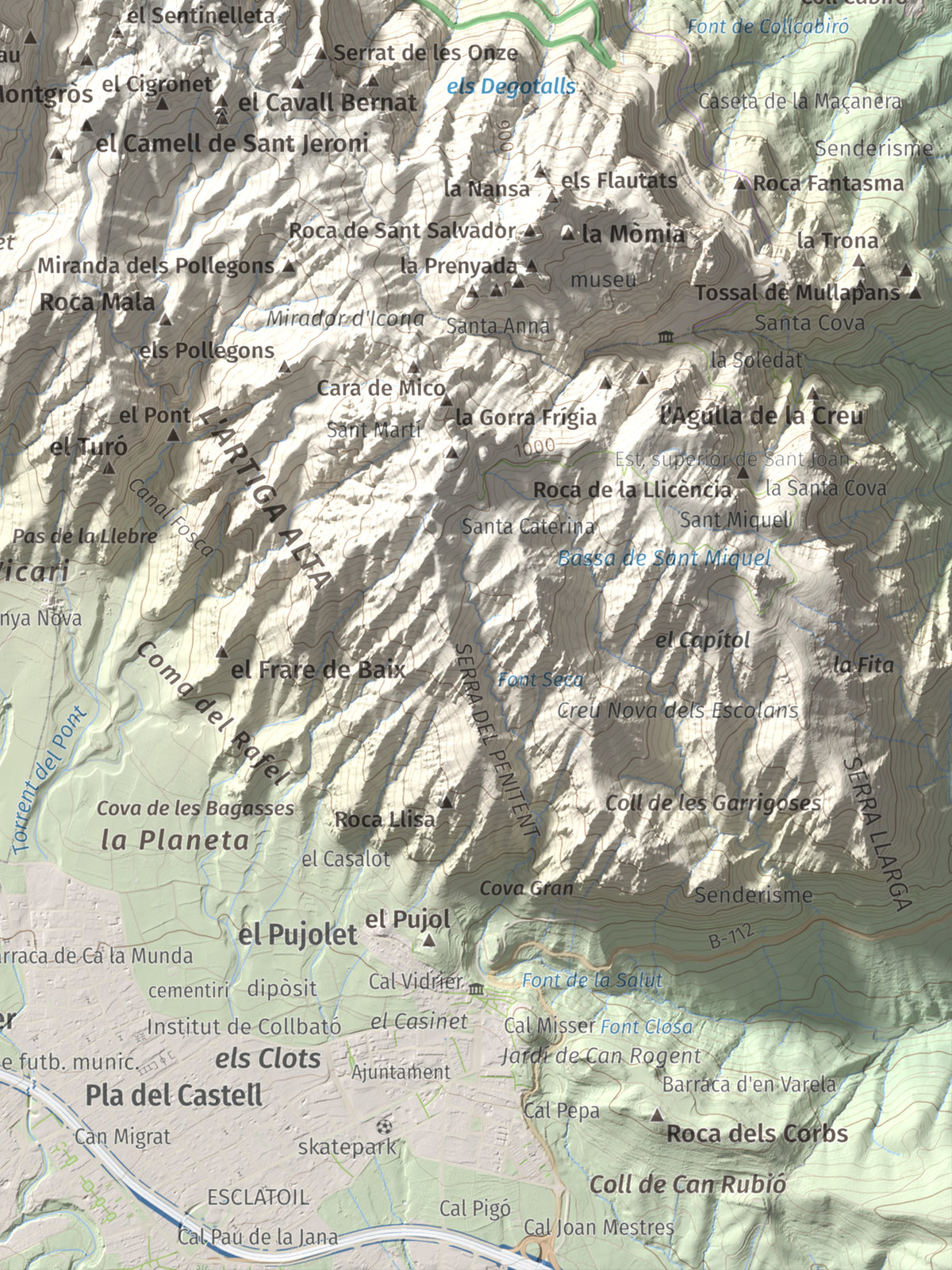 Mapa de relieve de Miranda dels Ecos, 1223 m, Anoia, lámina 100 Cims de Trobart. Detalle de la zona inferior derecha. 30 × 40 cm.