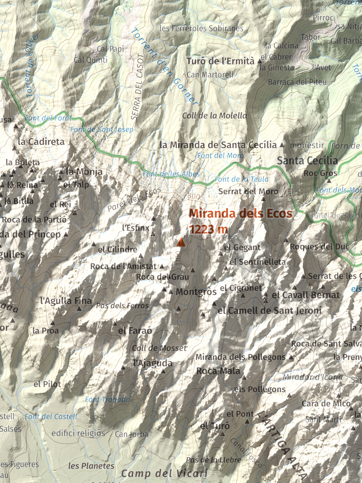 Mapa de relieve de Miranda dels Ecos, 1223 m, Anoia, lámina 100 Cims de Trobart. Detalle de la zona central. 30 × 40 cm.