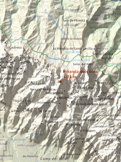 Mapa de relieve de Miranda dels Ecos, 1223 m, Anoia, lámina 100 Cims de Trobart. Detalle de la zona central. 30 × 40 cm.
