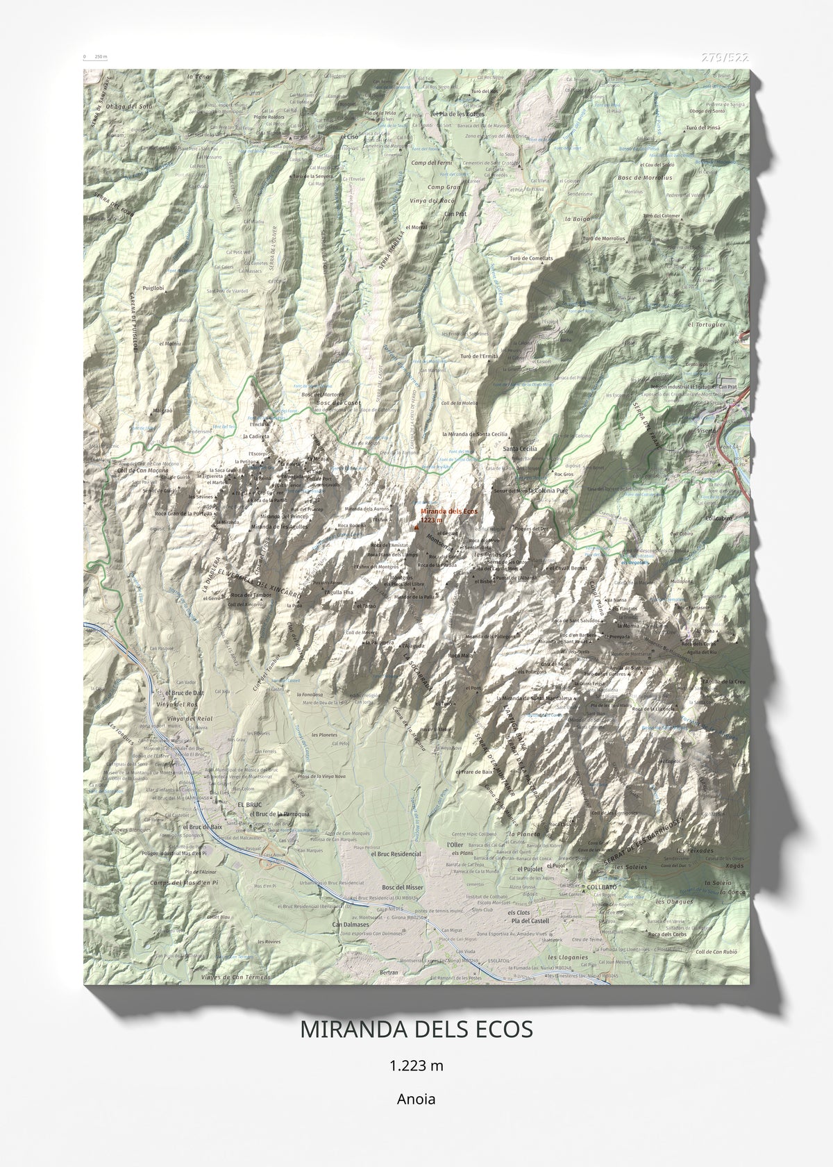 Mapa de relieve de Miranda dels Ecos, 1223 m, Anoia, lámina 100 Cims de Trobart 50 × 70 cm.
