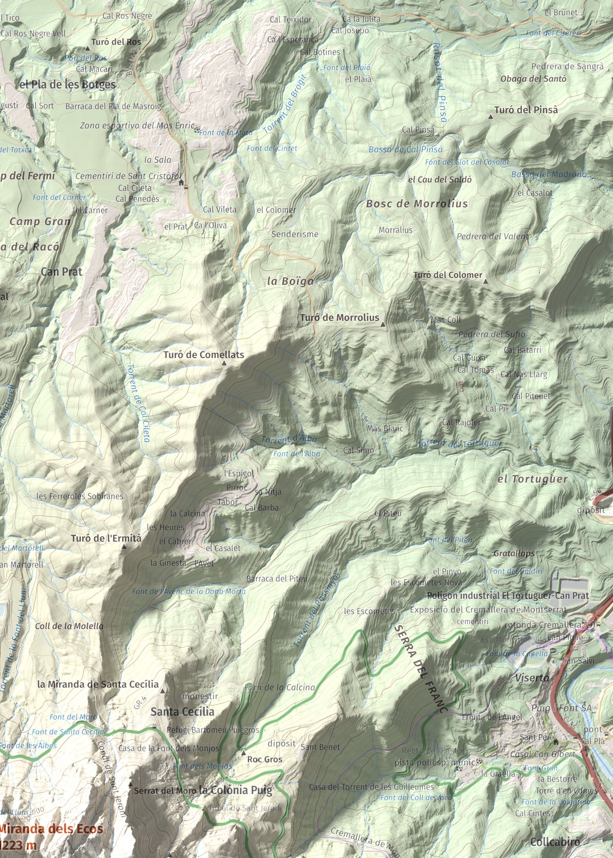 Mapa de relieve de Miranda dels Ecos, 1223 m, Anoia, lámina 100 Cims de Trobart. Detalle de la zona superior derecha. 50 × 70 cm.