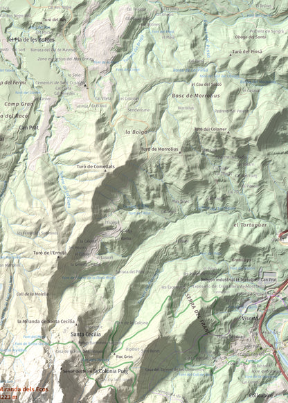 Mapa de relieve de Miranda dels Ecos, 1223 m, Anoia, lámina 100 Cims de Trobart. Detalle de la zona superior derecha. 50 × 70 cm.