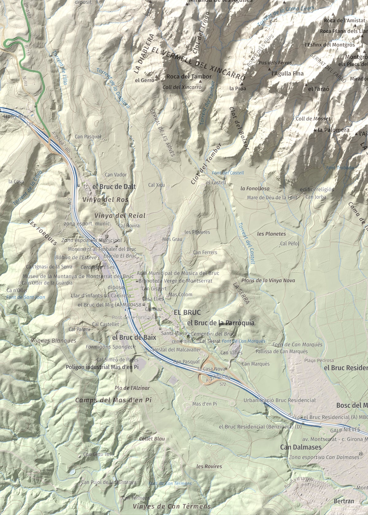 Mapa de relieve de Miranda dels Ecos, 1223 m, Anoia, lámina 100 Cims de Trobart. Detalle de la zona inferior izquierda. 50 × 70 cm.