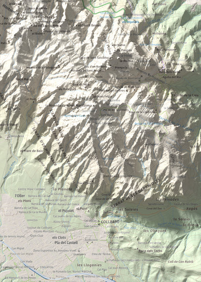 Mapa de relieve de Miranda dels Ecos, 1223 m, Anoia, lámina 100 Cims de Trobart. Detalle de la zona inferior derecha. 50 × 70 cm.