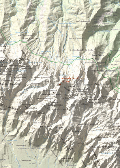 Mapa de relieve de Miranda dels Ecos, 1223 m, Anoia, lámina 100 Cims de Trobart. Detalle de la zona central. 50 × 70 cm.
