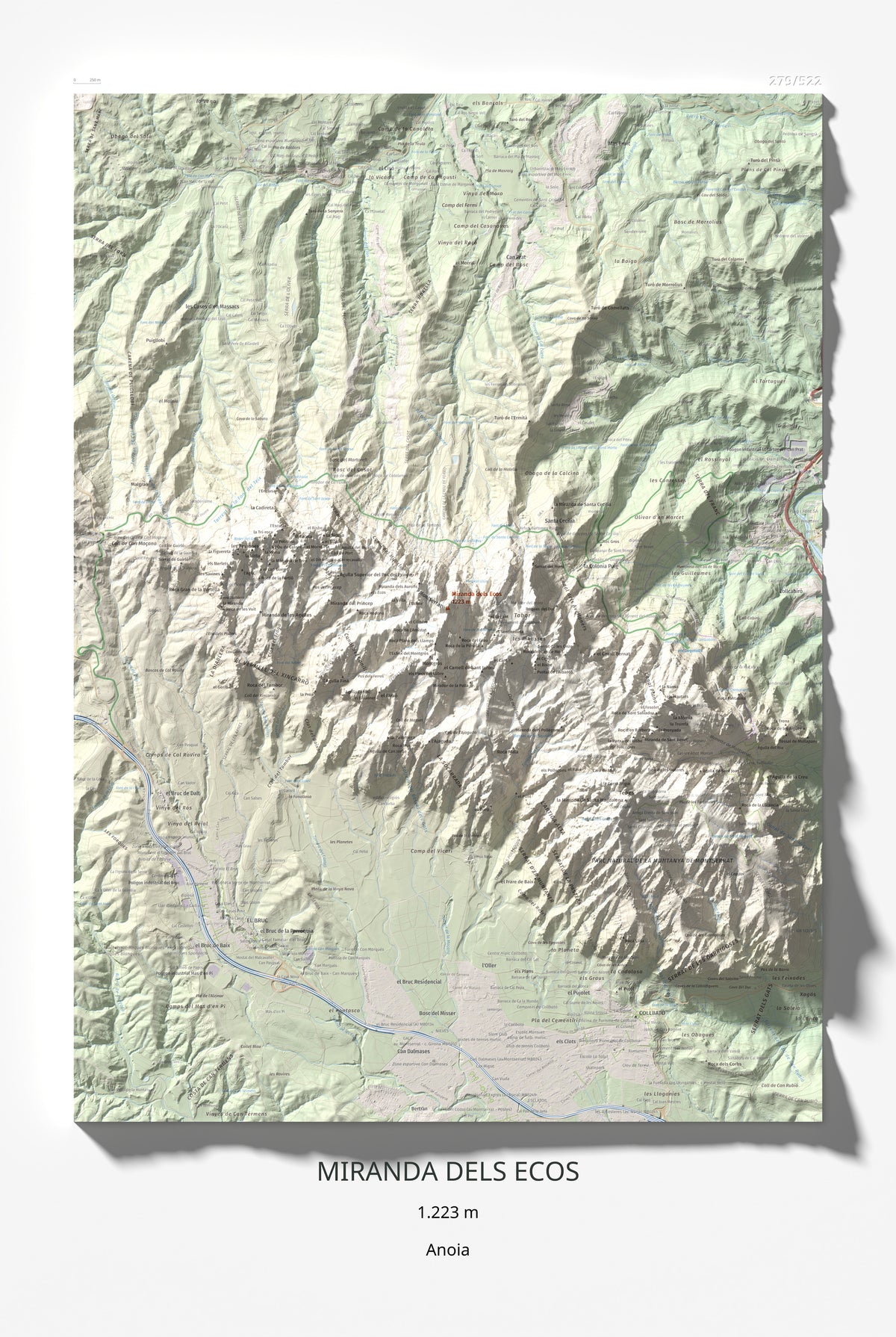 Mapa de relieve de Miranda dels Ecos, 1223 m, Anoia, lámina 100 Cims de Trobart 61 × 91 cm.