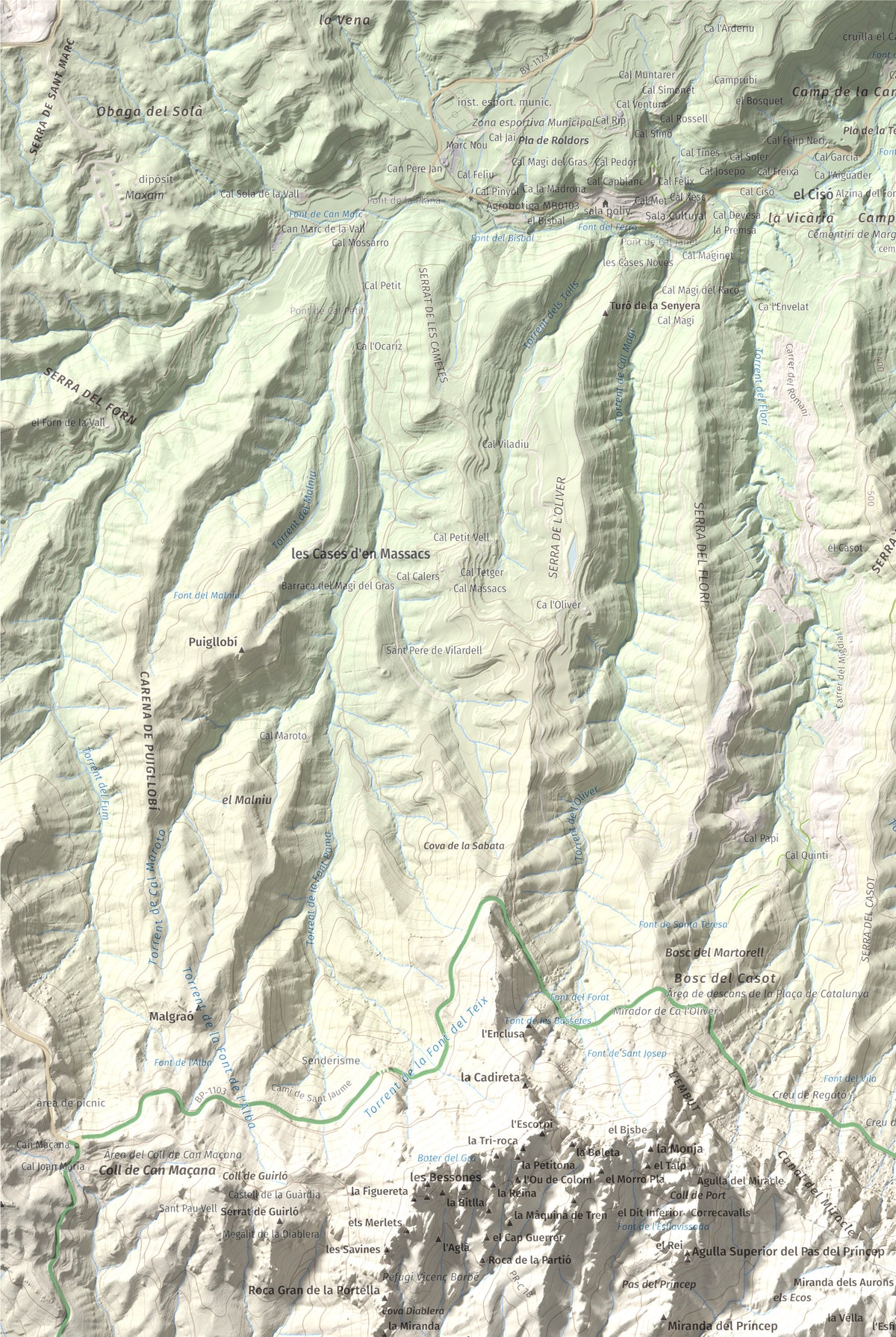 Mapa de relieve de Miranda dels Ecos, 1223 m, Anoia, lámina 100 Cims de Trobart. Detalle de la zona superior izquierda. 61 × 91 cm.