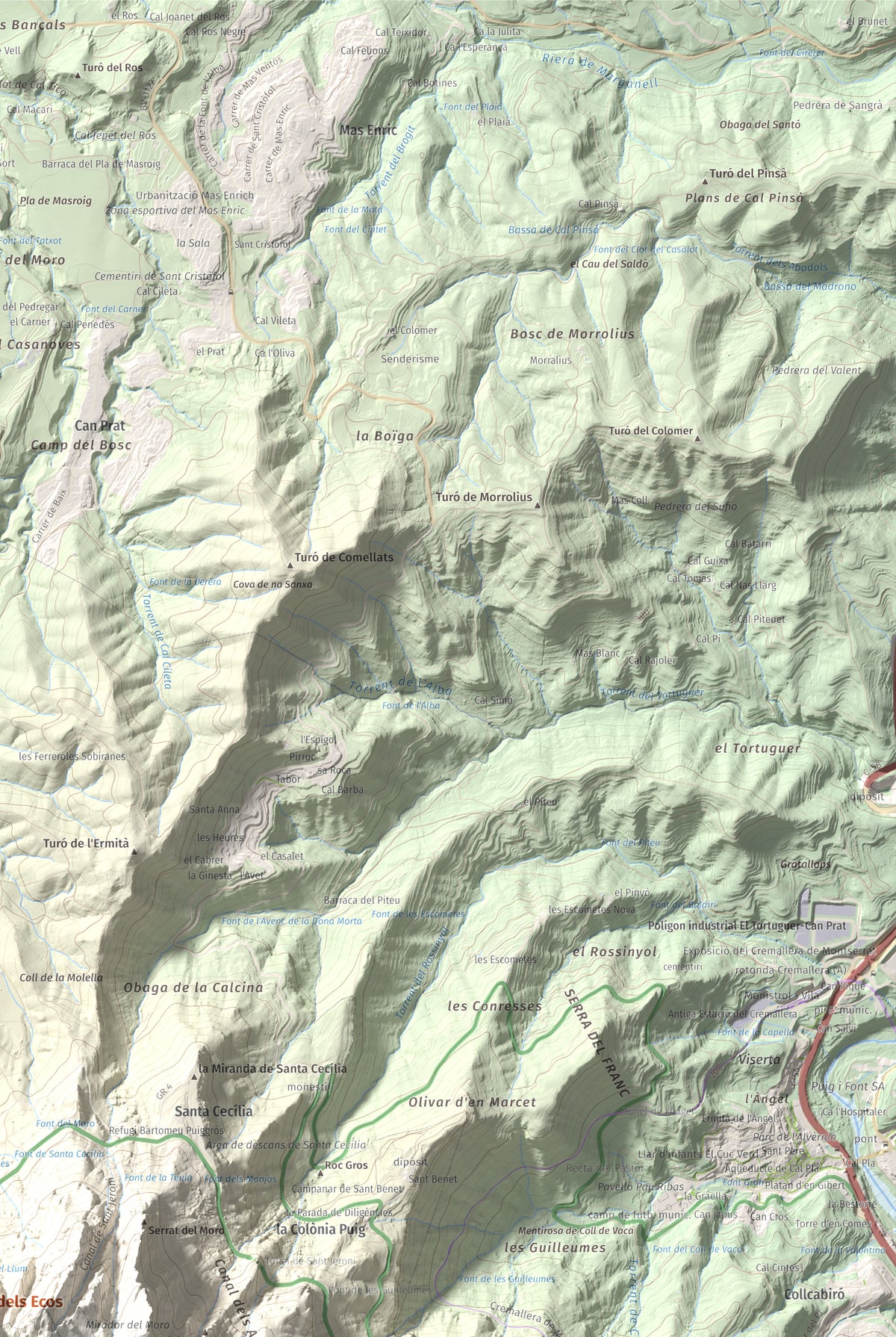 Mapa de relieve de Miranda dels Ecos, 1223 m, Anoia, lámina 100 Cims de Trobart. Detalle de la zona superior derecha. 61 × 91 cm.